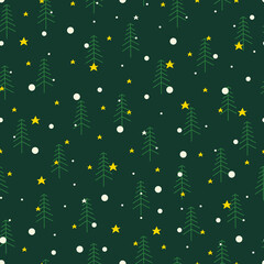Christmas tree vector seamless pattern. Holly jolly Xmas surface design of pine trees, stars and polka dots on deep green background