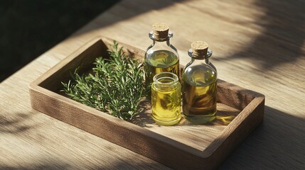 Natural Herbal Poultices and Oils on Wooden Tray with Greenery