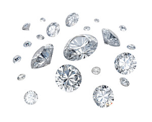 clear faceted gemstones scattered white background  