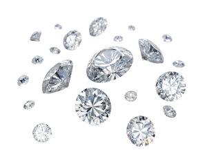 clear faceted gemstones scattered white background  