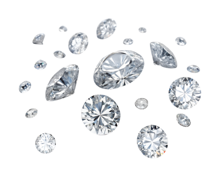 clear faceted gemstones scattered white background  