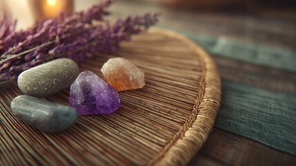 Crystals and Dried Herbs for Meditation and Relaxation on Table