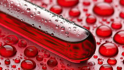 Red liquid in a test tube with water droplets