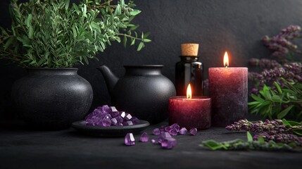Traditional Herbal Tea Setup with Candles and Crystals for Healing