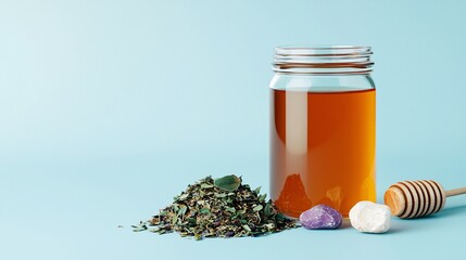 Natural Healing Tea with Herbs and Honey in a Glass Jar