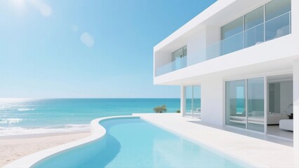 Fototapeta premium A sleek white beachfront villa features an infinity pool, expansive windows, and stunning ocean views, blending luxury and modern design.