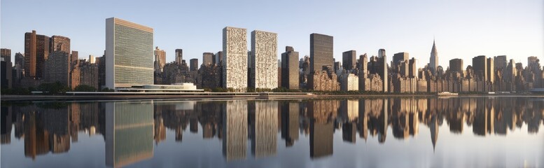 Obraz premium New York City Skyline reflected in water. Sunrise view