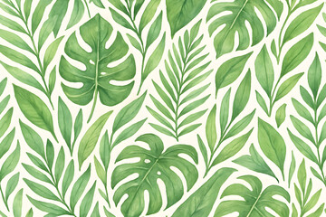 Verdant Symphony: A meticulously detailed, hand-painted illustration of lush tropical foliage, featuring an array of diverse leaf textures and shades of green, forming an exquisite seamless pattern.