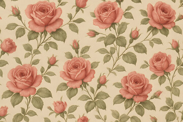 Obraz premium Vintage Rose Pattern: This image showcases a beautiful, repetitive pattern featuring blooming roses and lush green leaves, arranged elegantly.AI-Generative