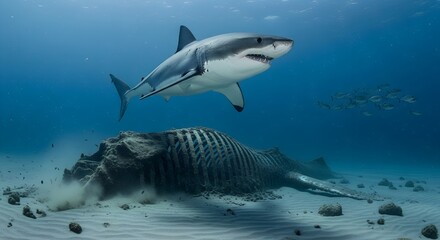 Fototapeta premium Shark in the Deep: An awe-inspiring image showcasing a formidable shark swimming gracefully above the skeleton of a whale on the ocean floor, it reveals a mesmerizing glimpse into marine life. 