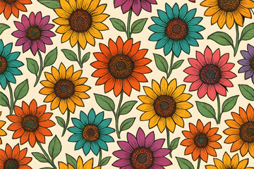 Colorful Sunflower Field Pattern: A vibrant array of sunflowers bursts with an array of vivid colors, presented in a seamless pattern.