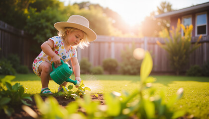 A little girl in a summer hat carefully waters plants in the garden from a watering can during sunset.