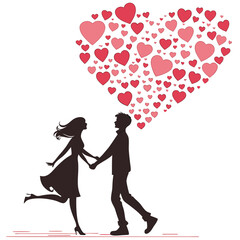 Romantic Silhouette of a Couple in Love, Surrounded by Hearts