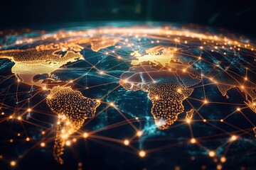 A world map with a network of connected lines