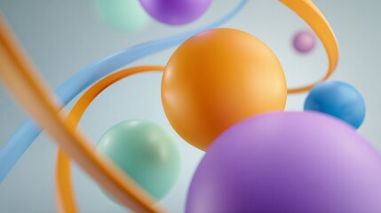 Colorful spheres and ribbons swirl in a light blue space, creating abstract designs
