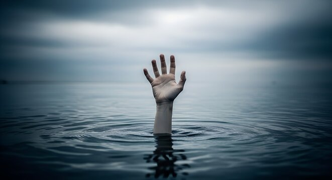 Drowning in Despair: A lone hand emerges from the turbulent water, symbolizing helplessness, despair, and the desperate cry for aid in a moody, atmospheric photo.