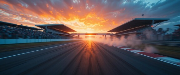 Motion blur captures an F1 race track circuit road leading to a grandstand stadium by gold sunset and a smoke of the tires, majestic shot  for electrifying Formula One competitions
