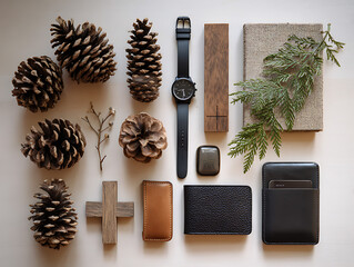 Flat lay of masculine accessories and natural elements