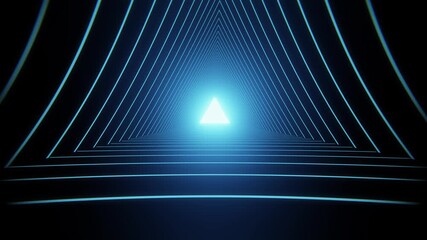 Blue triangles shape zooming light structures of wall. Hi-tech sci-fi tunnel. Trendy glow arrows direction tunnel. Fly through technology cyberspace. 3d render animation 4k - Powered by Adobe