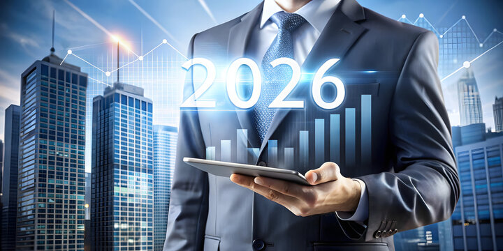 Businessman reviewing future financial projections on a tablet with city skyline background - Powered by Adobe