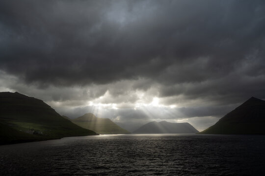 dramatic sky in one fjord of the Faeroe Islands.
