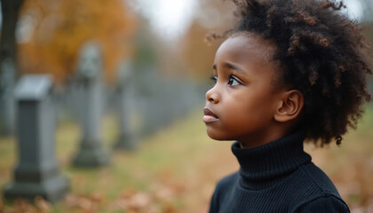 Young African American child stands in cemetery, looking pensively into distance. Gravestones, autumn leaves create somber atmosphere. Child expression thoughtful, reflecting on themes of loss,