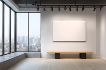 Minimalist interior with blank canvas on wall and bench in front, under track lighting in modern room with large window and natural light atmosphere.