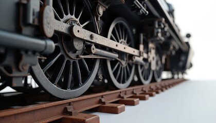 Close-up of antique steam locomotive wheels and drive train on rusty railroad tracks. Heavy industrial steel machinery, classic retro engineering components, historical transportation detail.