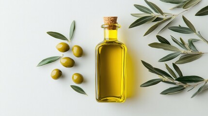 Olive branch and bottle of oil, symbolizing natural purity and Mediterranean tradition