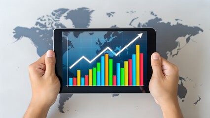 Hands holding tablet showing upward trending colorful bar graph with world map