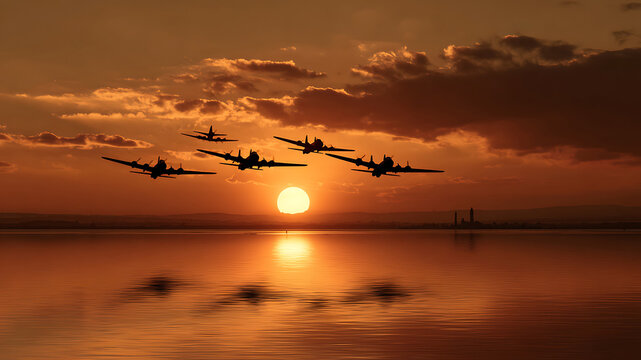 Historic Bomber Squadron Silhouetted in a Fiery Sunset Formation