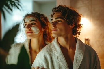 Young couple enjoying skincare routine together in cozy bathroom