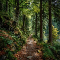 Forest path winding through a lush mountain landscape, leading to a serene lake