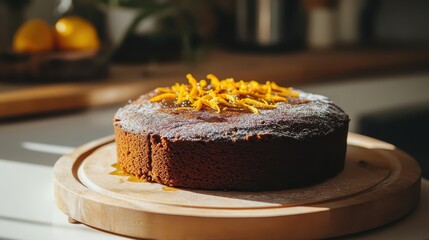 Moist Chocolate Cake with Orange Zest on Wooden Serving Board