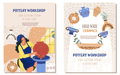 Obraz premium Pottery, workshop, ctramics flyer, cards set, in flat design. People in the creative process. Hand drawn vector illustration.