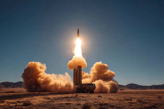Missile Launch, THAAD System Fires Against Blue Sky in Desert Landscape