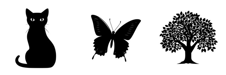 Creative silhouettes of a cat, butterfly, and tree in a minimalist design showcasing nature and pets