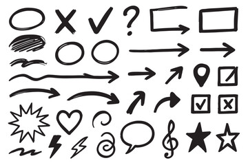 Playful black doodle sheet with brush strokes and varied line weight