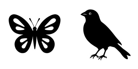 Colorful butterfly and black bird silhouettes against a plain background showcasing nature's beauty during daylight hours