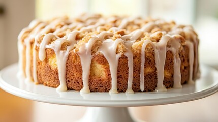 Moist Crumb Cake with Drizzled Icing on a White Pedestal Stand