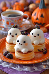Festive Halloween ghost pancakes, complete with candy toppings and cute smiling faces.