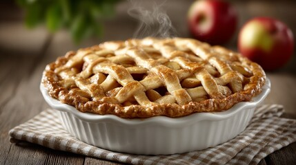 A pie with a lattice crust sits on a table next to two apples. The pie is steaming, indicating that it is freshly baked and ready to be served. The apples are placed on the table as well