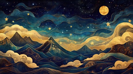 dreamy nightscape featuring majestic golden mountains under a starry sky and a full moon. Serene and magical.
