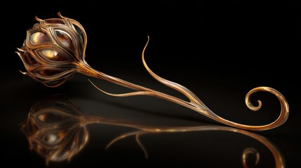 An ornate, bronze-toned metallic flower with a bulbous, jewel-encrusted head and a slender, stylized stem ending in a graceful curl, reflected on a dark surface