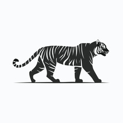 Obraz premium A stylized, monochrome illustration of a tiger walking, depicted in profile with stripes and a curled tail.