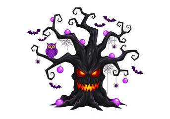 3d illustration of spooky halloween monster tree with evil face, bats, owl, and purple ornaments isolated on transparent background