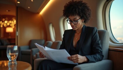 Focused African American woman in black suit reads documents indoors. Professional executive wearing glasses concentrating on papers, planning strategy. Businesswoman enjoys productive work session