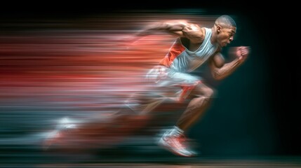 Athletic man sprinting with motion blur effect, showcasing speed and power during a dynamic sports performance