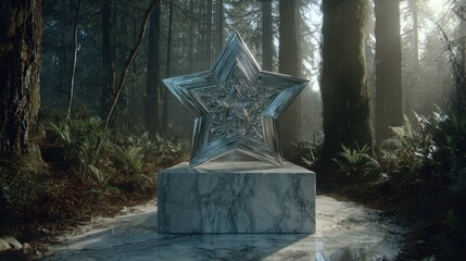 Silver Star Sculpture Surrounded by Lush Green Forest Landscape