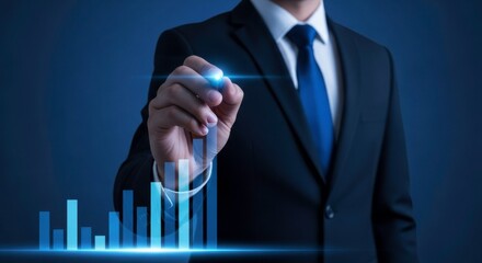 Businessman in suit interacting with digital graph on a blue background interface display